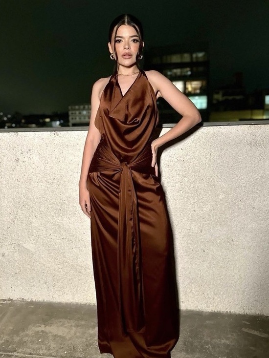 Zara Dresses & Skirts - NWT. Zara Brown Satin Effect Flowy Halter Neck Midi Dress. Size S.